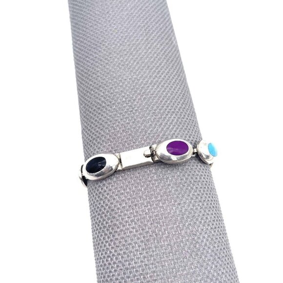 Vintage Taxco Mexico 925 Sterling Silver Bracelet Oval Multi-Gemstone - Picture 4 of 8
